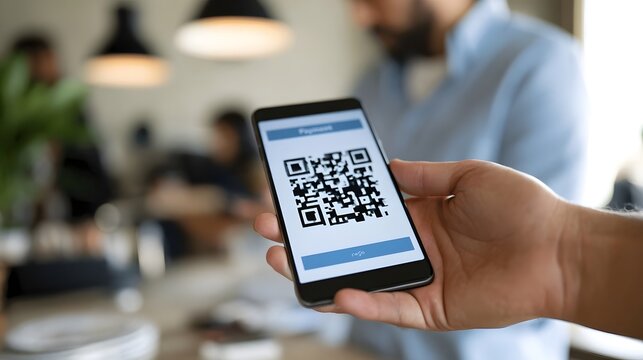 A hand holds a smartphone displaying a QR code for payment  with a blurred background of a modern indoor setting