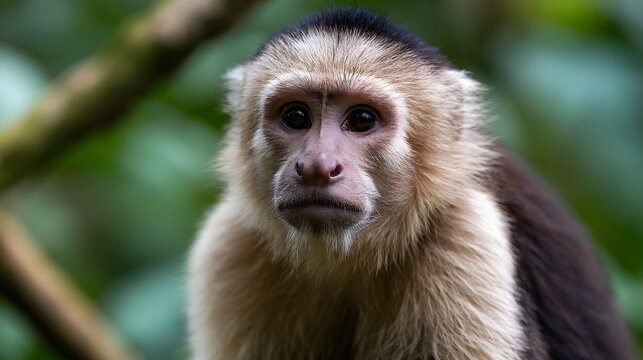 Close up portrait of a capuchin monkey with expressive eyes and light colored fur  set against a blurred green forest background