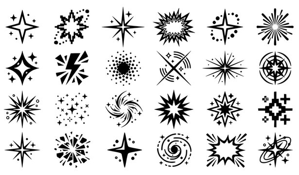 Retro futuristic black and white sparkle burst icon set with twinkle flash particle effects for video games