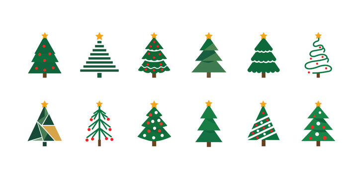 Christmas tree icon vector set featuring modern flat green evergreen fir trees with star toppers and festive decorations vector illustration
