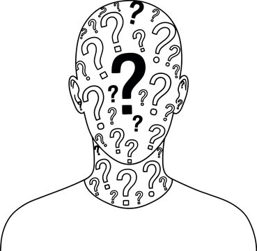 Anonymous person s face covered in question marks symbolizing uncertainty