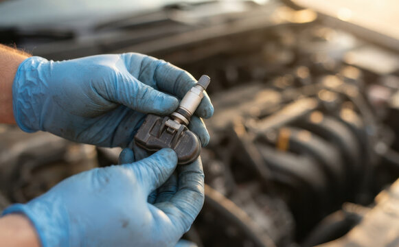 Mechanic holding a TPMS tire pressure monitoring sensor component in a car engine bay