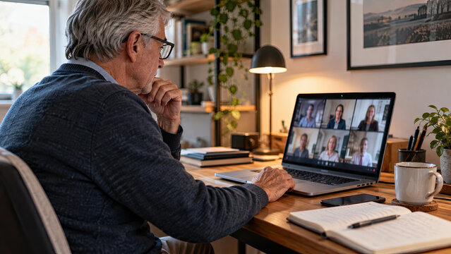 A senior man seated at a desk with a laptop showing several blurred video call tiles open simultaneously. Senior digital fluency concept.