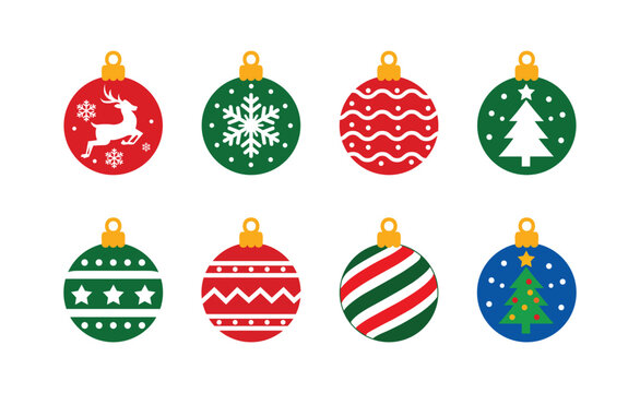Christmas ball ornament vector set featuring festive hanging baubles with reindeer snowflake tree and stripe patterns vector illustration