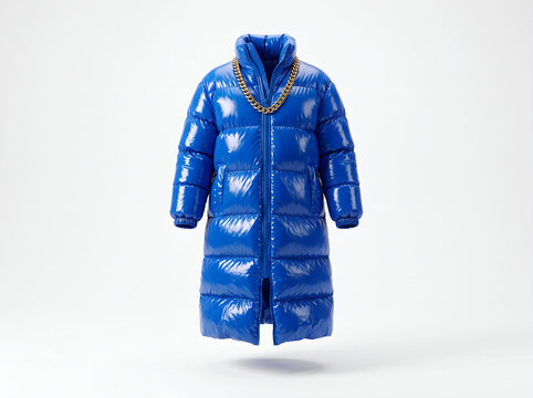 Inflated PVC Bright Blue Full Body Jacket with Gold Necklace