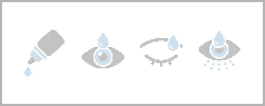 Set of eye care and eye drop icons, pixel art style