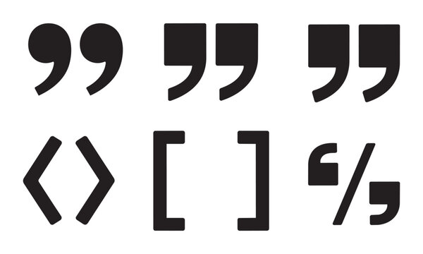 Collection of bold black quotation marks and bracket symbols. Includes various punctuation glyphs for text formatting and layout projects on transparent grid.