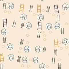Seamless pattern of ladders, dumbbells, and magnifying glasses © ujang
