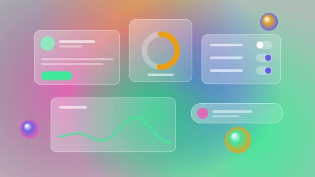 Animated glassmorphism user interface cards with charts, toggles and notification on gradient background
