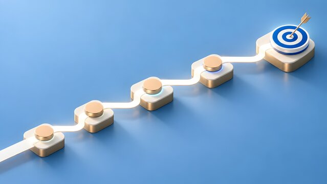 3d business roadmap with golden milestone nodes leading to a target representing strategic planning and goal achievement