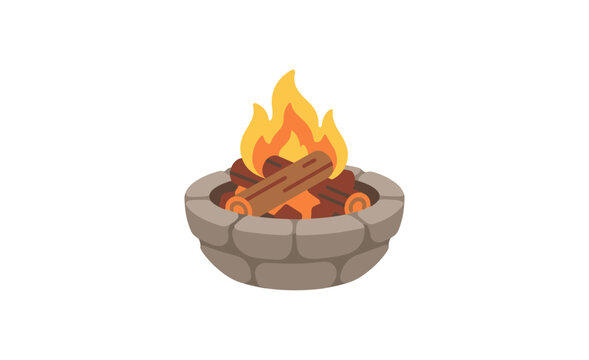 Fire pit with burning logs and stone surround flat vector illustration