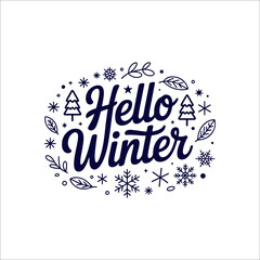 Decorative hand lettering typography for Hello Winter greeting card design with seasonal snowflakes and pine trees © Ayesha
