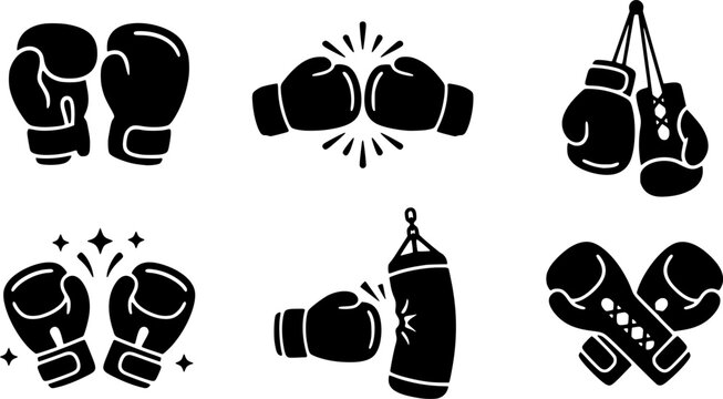 A collection of black and white vector icons depicting various boxing gloves and training equipment in different poses