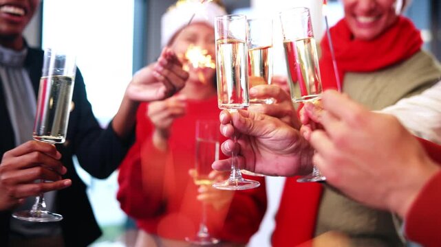Hands, champagne and sparklers in business for Christmas, festive celebration and last day of work. People, team function and happy at office party for xmas event, fireworks and cheers with drink
