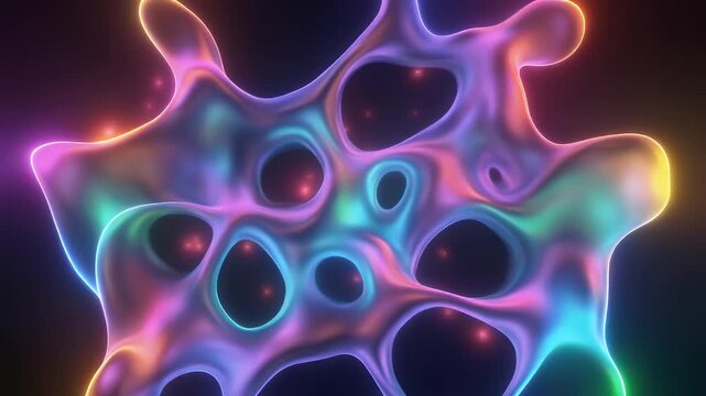 A triptych of a swirling, iridescent, organic-like structure with glowing pores against a dark background.