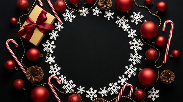 Christmas flat lay composition with red ornaments and gift box on