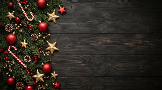 Christmas border with fir branches red ornaments and candy canes on