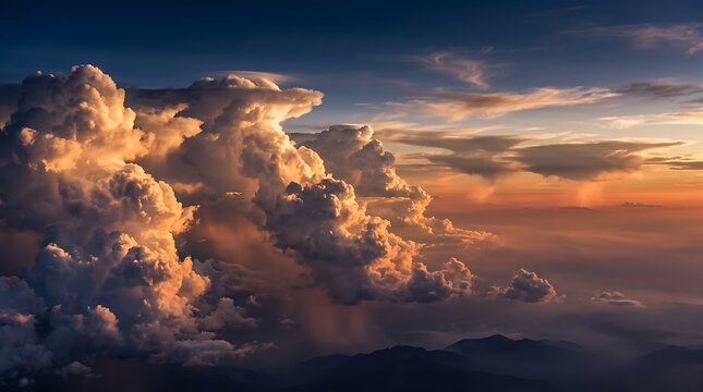 Dramatic cumulus clouds at sunset with golden light over mountain