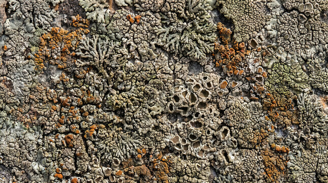 Macro close up of colorful crustose lichen growing on textured rock surface for natural background
