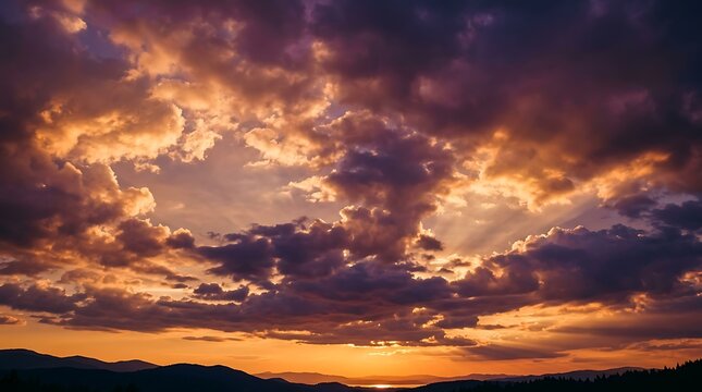 Dramatic sunset sky with golden clouds and sun rays over a dark