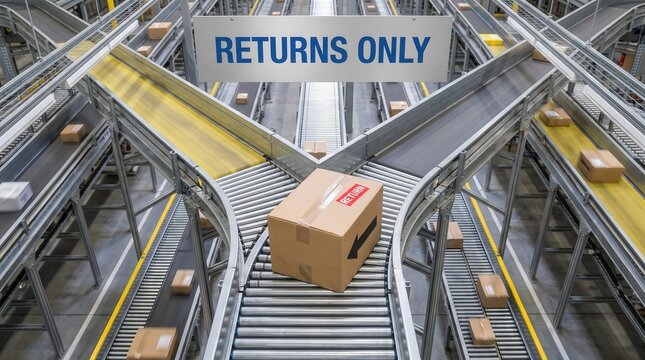 E-commerce parcel boxes moving on warehouse conveyor belts under a Returns Only sign, illustrating reverse logistics and retail supply chain management for industrial marketing.