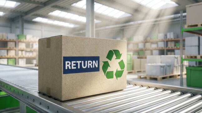 Cardboard box with return label and recycle symbol on warehouse conveyor belt, representing circular economy and sustainable reverse logistics for e-commerce and green business.