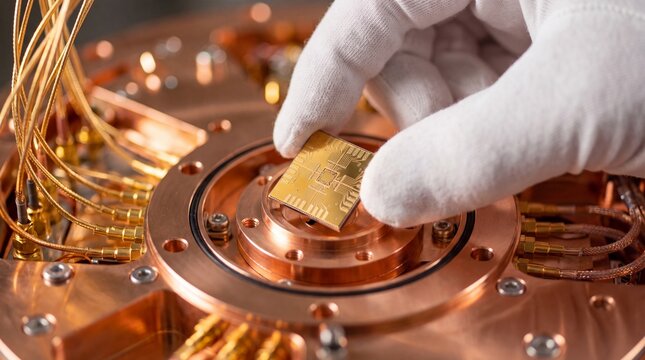 Quantum hardware engineer installing superconducting qubit processor chip in dilution refrigerator