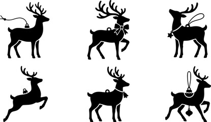 A collection of six black silhouette illustrations featuring various reindeer poses for festive holiday season graphic design projects © Mst Insanara Begum
