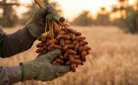 Farmer harvesting fresh ripe date palm fruit in a sunny orchard representing sustainable agriculture
