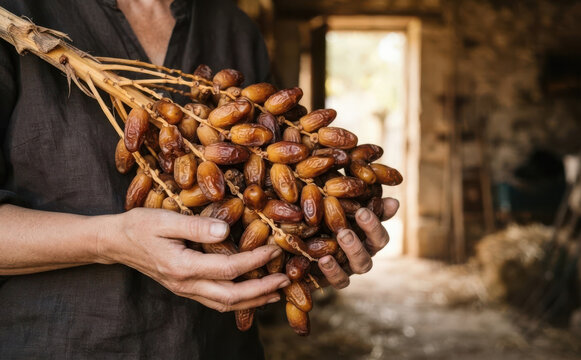 Middle-aged woman holding a fresh harvested bunch of ripe date palm fruit in rustic barn