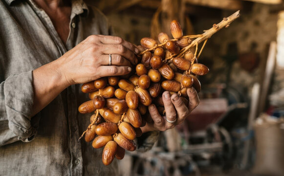 Middle-aged woman harvesting fresh sweet date palm fruit in a rustic barn, concept of organic agriculture and healthy lifestyle