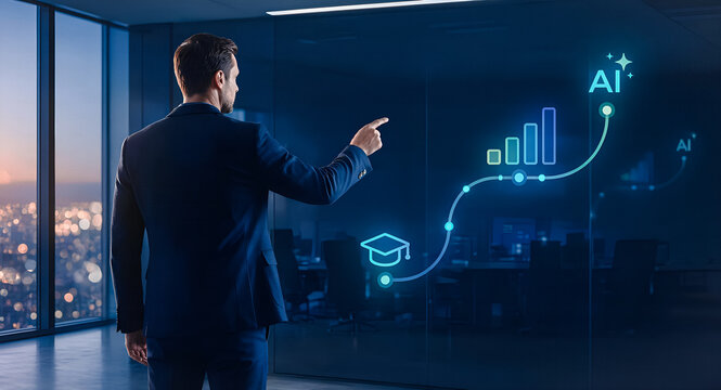 Rear view of businessman pointing at digital AI growth chart and education icon on glass wall in modern corporate office at night
