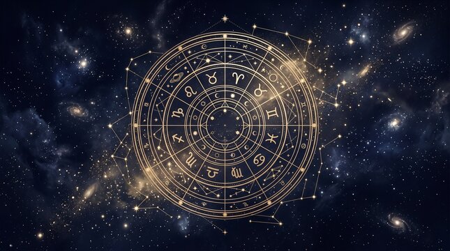 A luxurious celestial astrology birth chart floating in deep midnight space, twelve zodiac houses arranged in a perfect circle, golden constellation lines, delicate zodiac symbols, tiny stars and cosm