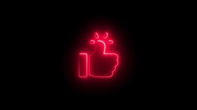 Glowing red neon thumbs up animation, social media like symbol on black background