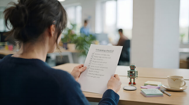 Rear view of woman reviewing employee onboarding checklist document at desk in modern office
