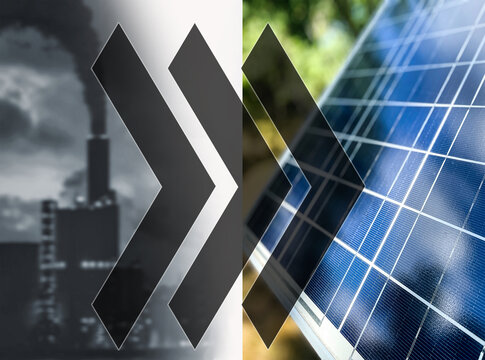 Visual concept of energy transition. A smoking factory on the left represents old power, contrasting with a clean solar panel on the right.