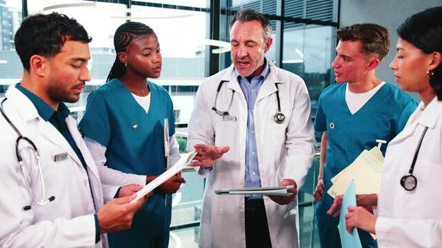 Medical team, tablet and planning in clinic with doctors, case review or diagnosis collaboration. Tech, people or healthcare discussion with nurses for history overview, checklist document or meeting
