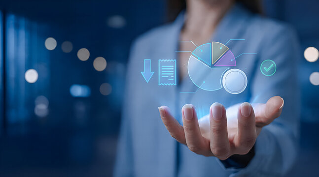 Business professional holding glowing data analytics pie chart hologram with compliance checkmark 