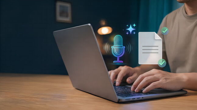 Person using laptop with glowing speech to text audio transcription hologram