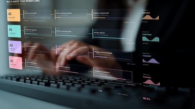 A person types. Task handoffs organize specialist AI work from evidence collection to implementation, illustrating coordinated responsibilities across planning and quality assurance.