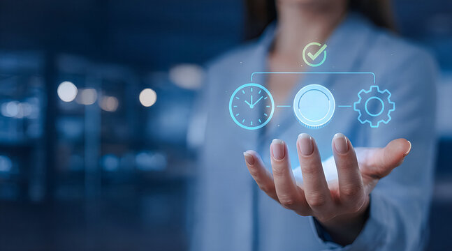 Business professional holding glowing time management and productivity hologram with approval checkmark 