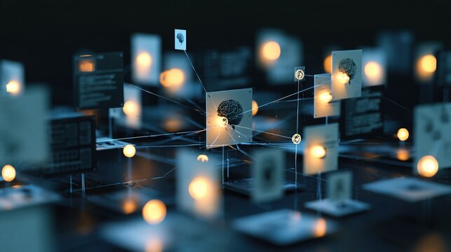 Abstract network of glowing nodes and digital screens representing artificial intelligence and data connections