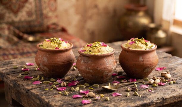Matka Kulfi (India):  traditional Indian saffron and pistachio kulfi. The pots are nestled on a distressed wooden table strewn with loose cardamoms, raw pistachio nuts, and delicate pink rose petals.
