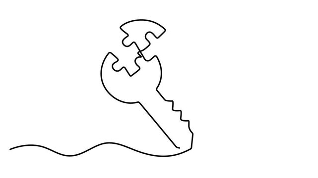 Animated self drawing of key into puzzle piece, Continuous one line drawing of puzzle, key, solution, business concept, Teamwork and partnership solving complicated tasks. animation