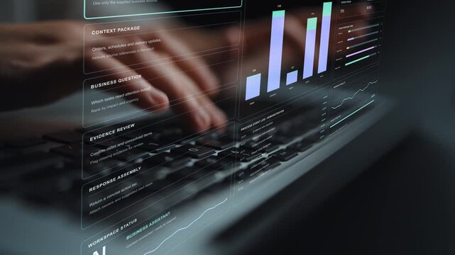 Typing continues at a desk. Context reuse and token allocation are monitored alongside AI request activity, illustrating how inference performance and resource costs can be examined.