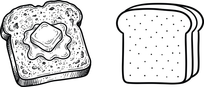 Toasted bread slice with melting butter cube next to soft white sandwich bread slices breakfast vector illustration