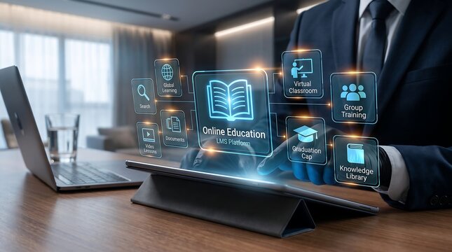 Online Education LMS Platform Digital Interface with Futuristic Hologram HUD Icons for Corporate Training and E-learning Web Banner Background Concept