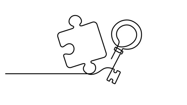 Animated self drawing of key into puzzle piece, Continuous one line drawing of puzzle, key, solution, business concept, Teamwork and partnership solving complicated tasks. animation