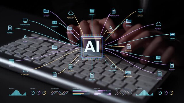 AI specialist works at a keyboard. An agentic document system coordinates source information, memory and review steps, linking the preparation of context with verified business deliverables.
