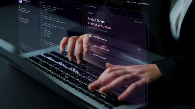 Hands type on a laptop. Conversational coding illustrates a path from describing an application to reviewing its behavior, using a task planner as the working software example.